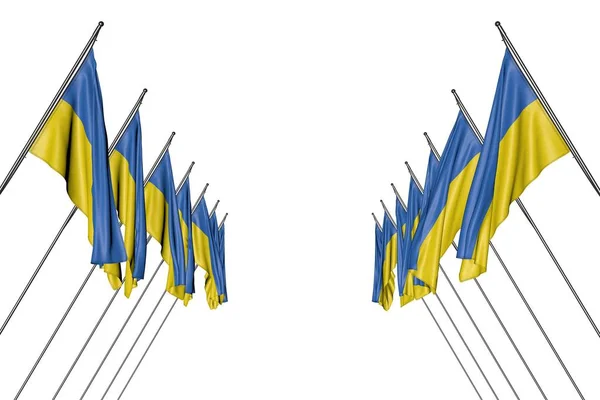 Maravilhoso muitas bandeiras Ucrânia pendura em pólos de canto dos lados esquerdo e direito isolado no branco - qualquer bandeira celebração ilustração 3d — Fotografia de Stock
