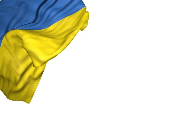 Meravigliosa bandiera Ucraina con grandi pieghe giaceva in alto a sinistra isolato su bianco - qualsiasi occasione bandiera 3d illustrazione — Foto Stock
