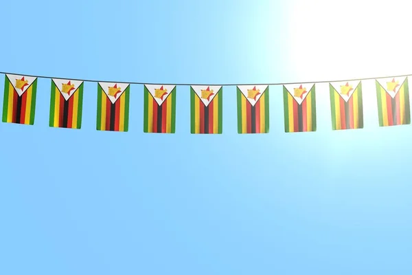 Mooi veel Zimbabwe vlaggen of spandoeken opknoping op string op blauwe hemel achtergrond - elke feestvlag 3d illustratie — Stockfoto