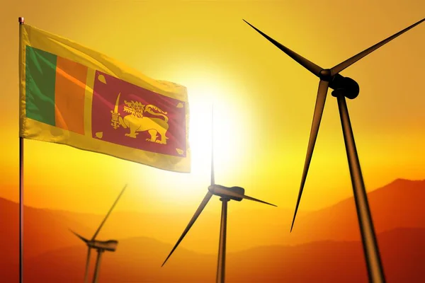 Sri Lanka rüzgar enerjisi, rüzgar türbinleriyle alternatif enerji ortamı kavramı ve günbatımı endüstriyel illüstrasyonunda bayrak - yenilenebilir alternatif enerji, 3D illüstrasyon — Stok fotoğraf
