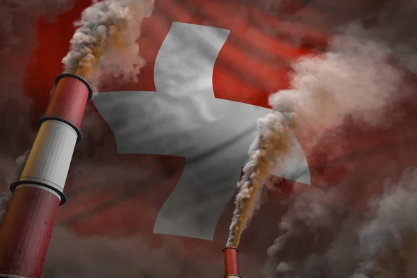 Suiza lucha contra la contaminación concepto - dos grandes chimeneas industriales con humo denso en el fondo de la bandera, ilustración industrial 3D —  Fotos de Stock
