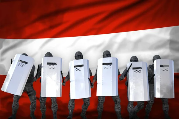 Austria protest fighting concept, police squad protecting order against demonstration - military 3D Illustration on flag background