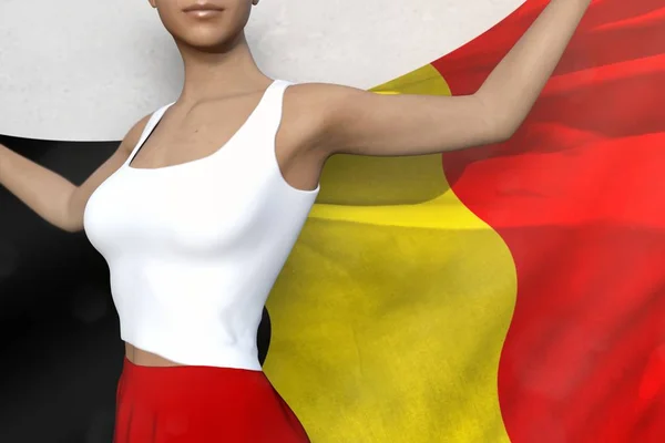 Senhora bonita em saia brilhante segura bandeira da Bélgica em mãos atrás de suas costas no fundo branco - conceito de bandeira ilustração 3d — Fotografia de Stock