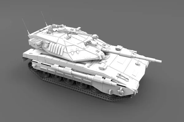 Sehr hochauflösender weißer Armeepanzer mit nicht vorhandenem Design isoliert auf grauem Hintergrund, Feuerbekämpfungskonzept - militärische 3D-Illustration — Stockfoto