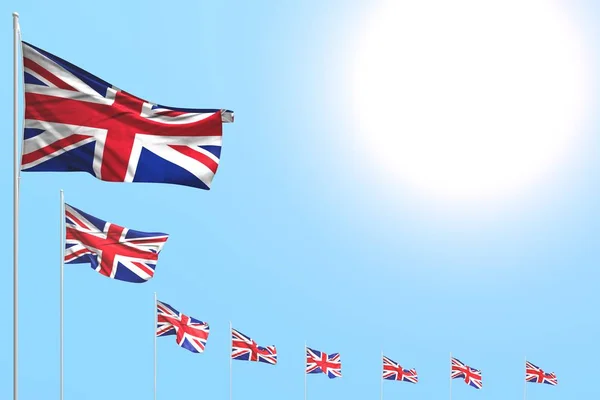 Bonito muitos Reino Unido (Reino Unido) bandeiras colocadas diagonal no céu azul com lugar para o seu conteúdo - qualquer bandeira de festa ilustração 3d — Fotografia de Stock