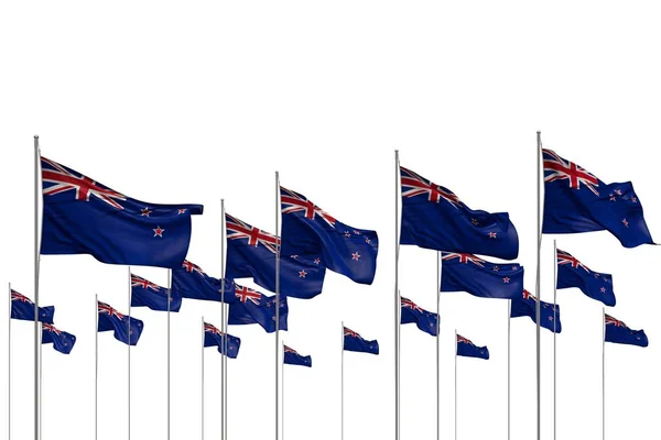 Ziemlich viele Neuseeland-Flaggen in einer Reihe isoliert auf weiß mit freiem Platz für Ihre Inhalte - jede Urlaubsfahne 3D-Illustration — Stockfoto