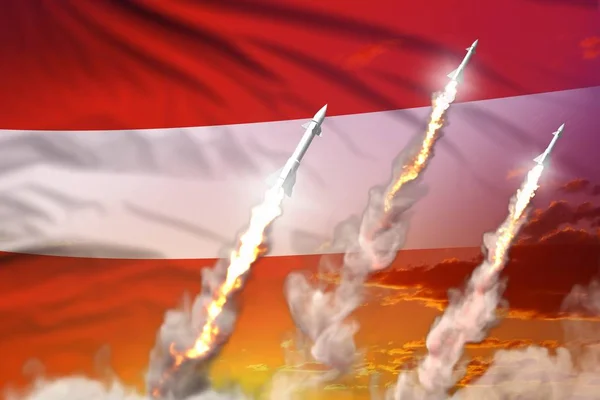 オーストリア超音速弾頭打ち上げ-日没の背景に近代的な戦略核ロケット兵器の概念、旗を持つ軍事産業3Dイラスト — ストック写真