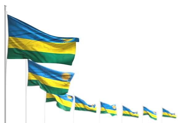 Hermosa Ruanda banderas aisladas colocadas diagonal, imagen con bokeh y lugar para su texto - cualquier celebración bandera 3d ilustración — Foto de Stock