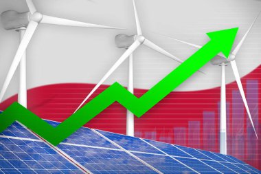 Polonya güneş enerjisi ve rüzgar enerjisi yükselen grafiği, ok yukarı - modern doğal enerji endüstriyel illüstrasyonu. 3d Görüntü