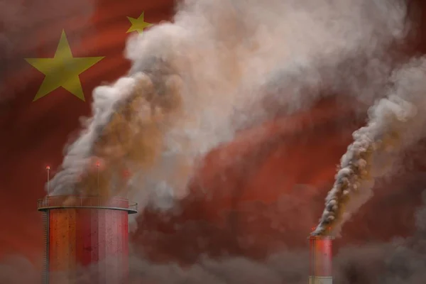 Konzept der globalen Erwärmung - dichter Rauch aus Industrieschornsteinen auf dem Hintergrund der chinesischen Flagge mit Platz für Ihren Text - industrielle 3D-Illustration — Stockfoto