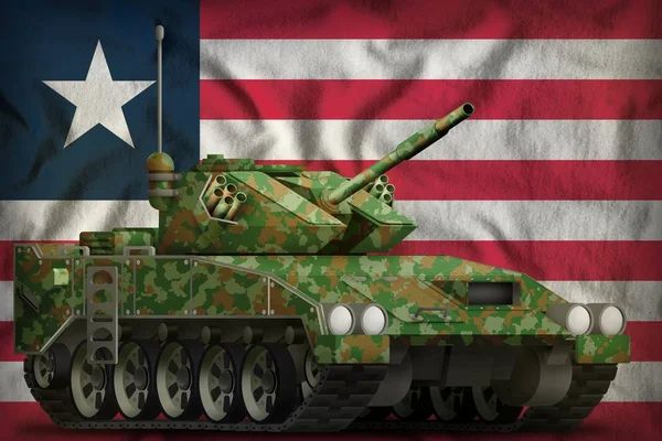 Lätt tank apc med sommar kamouflage på Liberia nationella flagga bakgrund. 3d Illustration — Stockfoto