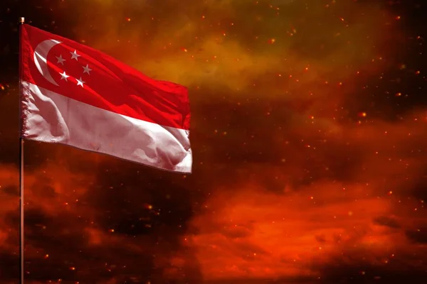 Fluttering Singapore flag mockup with blank space for your text on crimson red sky with smoke pillars background. Troubles concept. — Stock Photo, Image