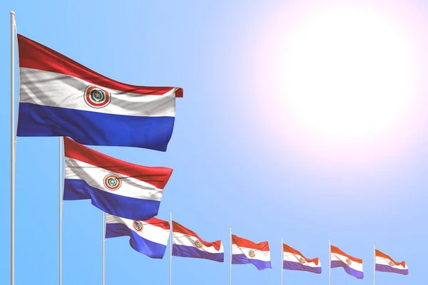 Pretty many Paraguay flags placed diagonal on blue sky with place for text - any celebration flag 3d illustration — 스톡 사진
