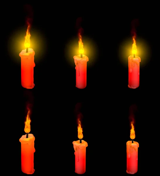 Roztomilý zářící tenký červený parafín svíčka izolované na černém pozadí s a bez zvýraznění - slavnostní koncept, 3d ilustrace objektu — Stock fotografie