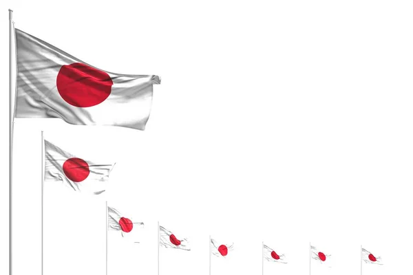 Cute banyak bendera Jepang ditempatkan diagonal terisolasi putih dengan spasi untuk teks Anda - setiap kesempatan bendera 3d ilustrasi — Stok Foto
