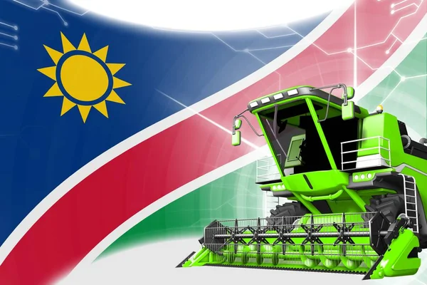 Agriculture innovation concept, green advanced rye combine harvester on Namibia flag - digital industrial 3D illustration