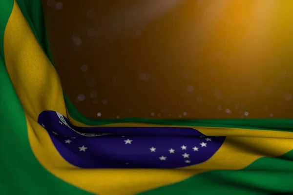 巴西国旗的可爱的深色插图躺在角落的黄色背景上，上面有bokeh和免费的内容空间- -任何宴会旗3D插图 — 图库照片