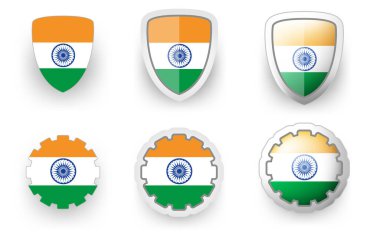 Hindistan 'ın 6 vektör simgesi - bayrak kalkan düğmesi ve çark, düz ve hacim biçimi turuncu, yeşil, afiş için beyaz,