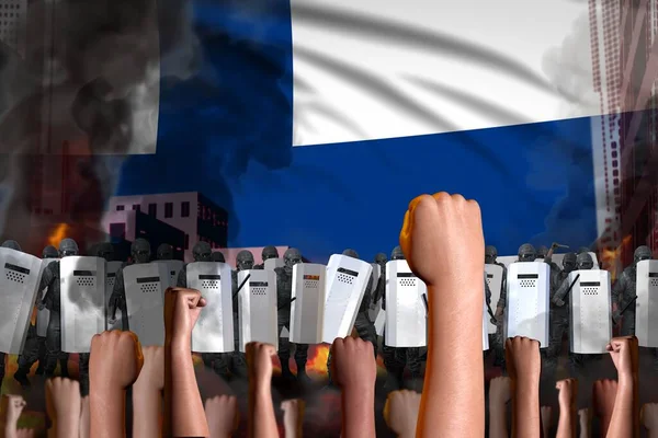Koncept zastavení nepokojů - protest ve Finsku na vlajkovém pozadí, policejní SWAT stánek proti protestujícímu davu - vojenská 3D ilustrace — Stock fotografie