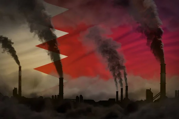Mörk förorening, kampen mot klimatförändringar koncept - växt skorstenar tät rök på Bahrain flagga bakgrund - industriell 3D-illustration — Stockfoto