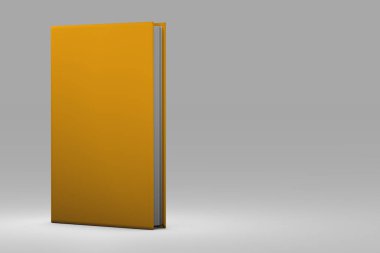 Kapalı olan çok yüksek çözünürlüklü turuncu kitap, gri arkaplanda izole edilmiş üniversite konsepti, nesnenin 3 boyutlu çizimi