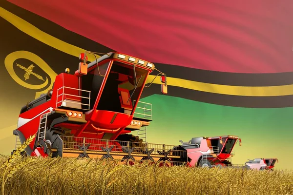 Illustration 3D industrielle de moissonneuse batteuse agricole travaillant sur le terrain rural avec fond drapeau Vanuatu, concept de production alimentaire — Photo