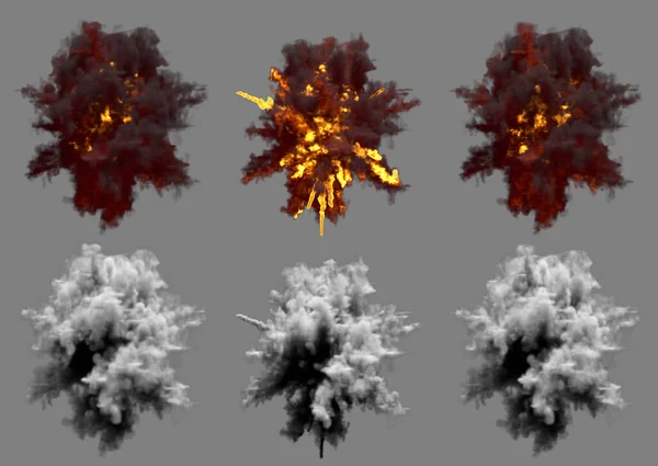 6 explosiones redondas de la explosión de intercepción de cohetes o proyectil antiaéreo golpeado o vista desde arriba en explosión aislado en gris - Ilustración 3D del objeto — Foto de Stock