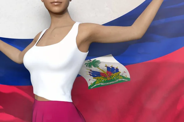 Wanita seksi di rok terang memegang bendera Haiti di tangan di belakang punggungnya di latar belakang putih - konsep bendera 3d ilustrasi — Stok Foto