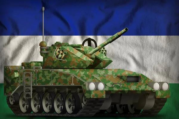 レソト国旗を背景に夏の迷彩が施された軽戦車apc 。3Dイラスト — ストック写真
