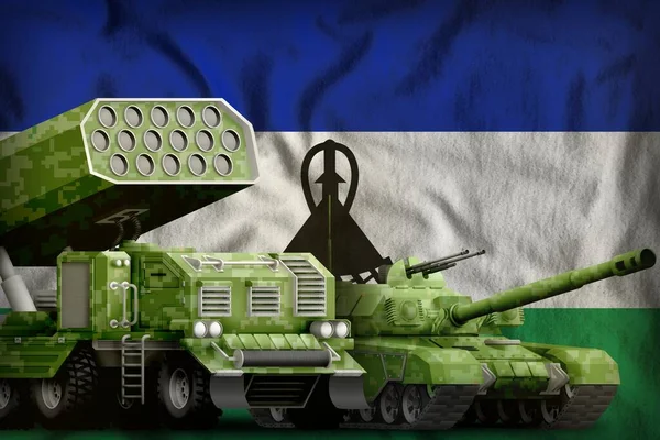 Lesotho heavy military armored vehicles concept on the national flag background. 3d Illustration