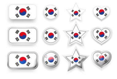 Kore Cumhuriyeti 'nin (Güney Kore) vektör etiketleri - bayrak düğmesi, yuvarlak düğme, bayrak rengi, kırmızı, beyaz, afiş veya broşür için mavi, kırmızı, beyaz aşk işareti