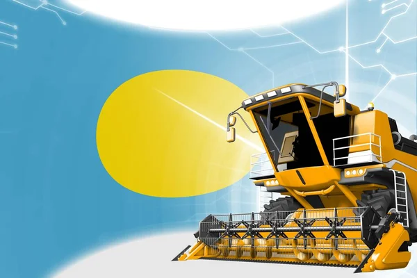 Agriculture innovation concept, yellow advanced rural combine harvester on Palau flag - digital industrial 3D illustration