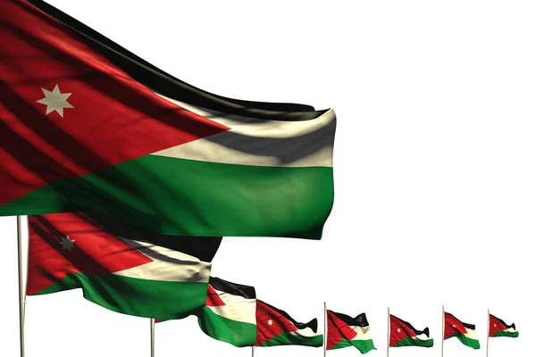 Maravilloso muchas banderas de Jordania colocadas diagonal aislado en blanco con lugar para su contenido - cualquier ocasión bandera 3d ilustración —  Fotos de Stock