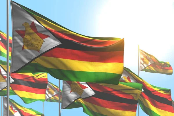 Belle molte bandiere dello Zimbabwe sono onda su sfondo cielo blu - qualsiasi bandiera festa 3d illustrazione — Foto Stock