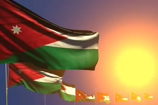 Bonito muchas banderas de Jordania en la puesta del sol colocado diagonal con enfoque selectivo y espacio para su texto - cualquier ocasión bandera 3d ilustración —  Fotos de Stock