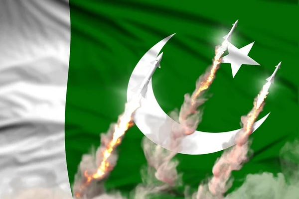Moderní koncepce strategických raketových sil na pozadí vlajkové tkaniny, Pákistán jaderný raketový útok - vojenský průmyslový 3D ilustrace, atomovka s vlajkou — Stock fotografie