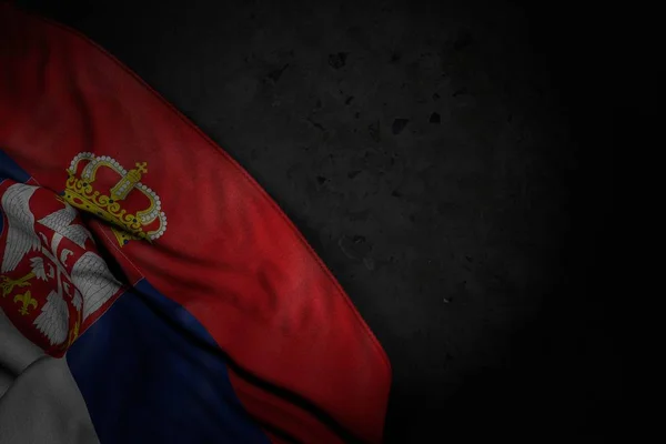 Dość ciemna ilustracja flagi Serbii z dużymi fałdami na czarnym kamieniu z wolnym miejscem na zawartość - dowolna flaga uroczystości 3d ilustracja — Zdjęcie stockowe