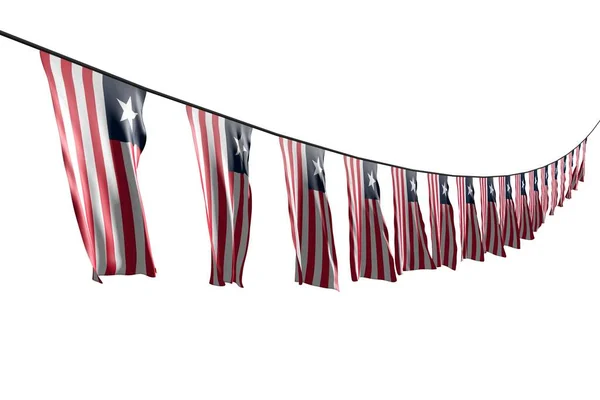 Schattig veel Liberia vlaggen of banners hangt diagonaal met perspectief uitzicht op string geïsoleerd op wit - elke vakantie vlag 3d illustratie — Stockfoto