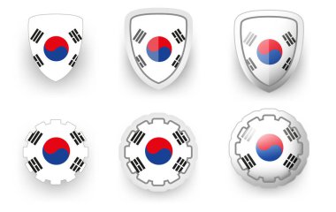 6 vector icons of Republic of Korea (South Korea) - flag shield button and cogwheel, flat and volumetric style in flag colors blue, red, white for poster, flyer