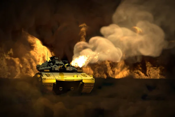 Лесной армейский танк с несуществующим дизайном в боевых побегах с огнем и дымом вокруг, концепция героизма - военная 3D иллюстрация — стоковое фото