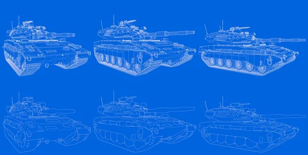 완전히 설계되지 않은 고립된 3D 탱크의 청색 인쇄, 매우 고해상도 현대 탱크 개념 - 군사용 3D 삽화 — 스톡 사진