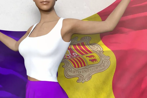 Hermosa mujer en falda brillante sostiene la bandera de Andorra en las manos detrás de su espalda sobre el fondo blanco - concepto de la bandera 3d ilustración —  Fotos de Stock