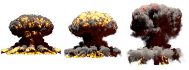 Patlama 3d illüstrasyon - 3 büyük farklı aşamaları yangın mantar bulut patlama hidrojen bombası ile duman ve alev beyaz izole