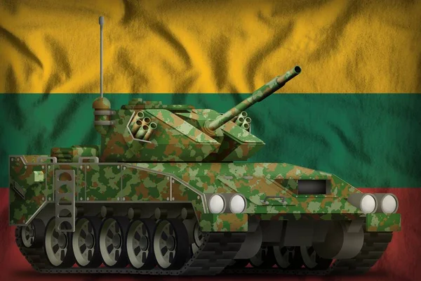 Tanque leve apc com camuflagem de verão no fundo da bandeira nacional da Lituânia. Ilustração 3d — Fotografia de Stock