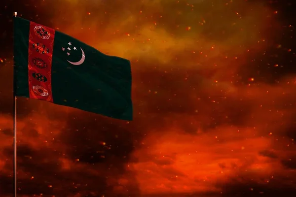 飘扬的土库曼斯坦国旗与空白的空间，您的文字在红色的天空与烟柱背景。麻烦概念. — 图库照片
