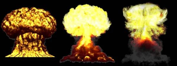 3D illustration of explosion - 3 large high detailed different phases mushroom cloud explosion of nuclear bomb with smoke and fire isolated on black — 스톡 사진