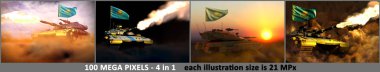 Kazakistan ordu konsepti - Kazakistan bayrağı, askeri 3d İllüstrasyon ile mevcut olmayan modern tankın 4 detaylı görüntüsü