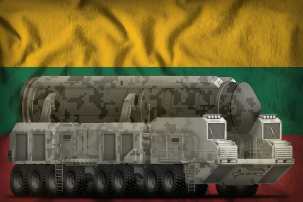 Intercontinental ballistic missile with city camouflage on the Lithuania national flag background. 3d Illustration — Stock Photo, Image