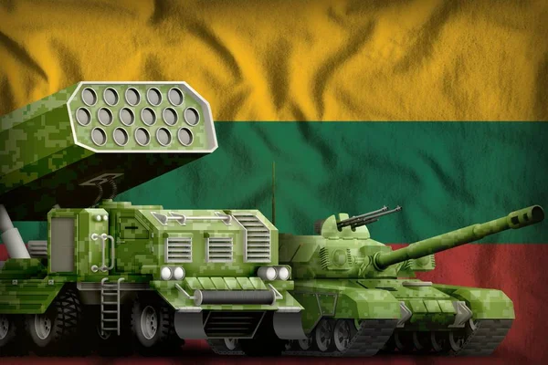 Lithuania heavy military armored vehicles concept on the national flag background. 3d Illustration