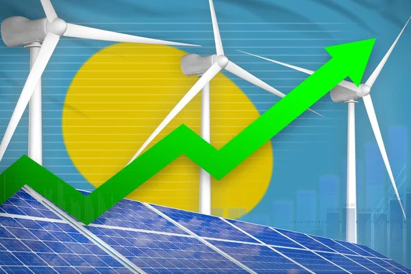 Grafico in aumento dell'energia solare ed eolica Palau, freccia in alto - illustrazione industriale delle energie naturali rinnovabili. Illustrazione 3D — Foto Stock